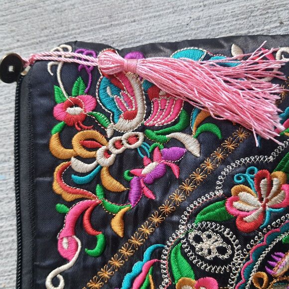 Mexican Colorful Embroidered 10x6 Small Wristlet Bag Sectioned Purse Clutch - Picture 9 of 10
